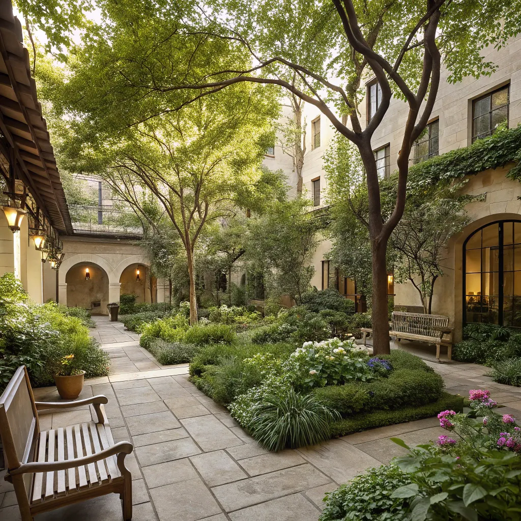 Outdoor courtyard with thriving greenery